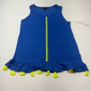 Tribal Royal Blue Tank with Neon Yellow Tassel Trim Size Small